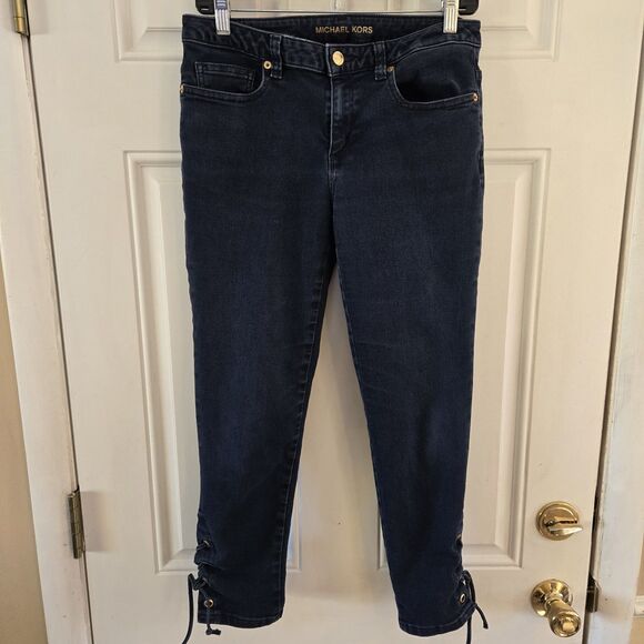 Michael Kors Izzy Cropped Capri Jeans Size 6 Blue Stretch Denim Lace-Up Hem Y2K - Picture 1 of 7
